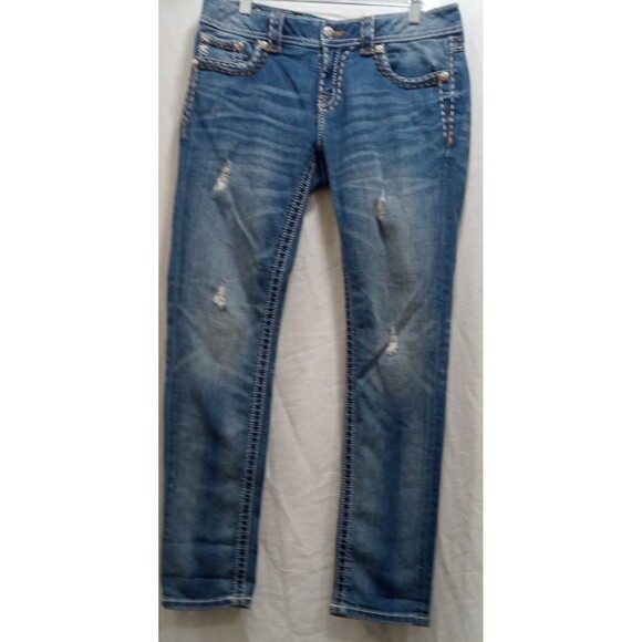 Miss Me Women’s Size 29 Skinny Jeans Denim Cuffed Embroidered Flap Pocket Faded - Picture 1 of 11